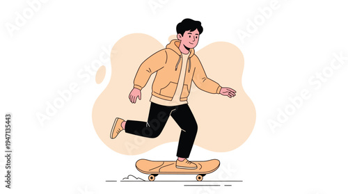 Energetic young boy cheerfully riding a skateboard, showcasing a carefree and active youth lifestyle in an outlined vector art style.