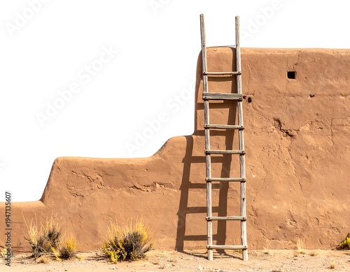 Earthen adobe building with a rustic wooden ladder leaning against it in desert