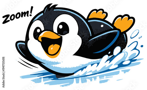 A playful penguin enjoying sliding on ice. Energetic and fun sticker or merch design.