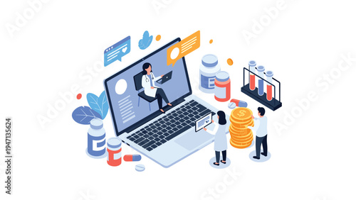 Isometric concept of online medical consultation and pharmaceutical management showing a doctor on a laptop screen with medications and coins.