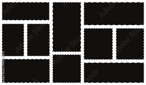 Set of black wavy edge frames. Rectangle shape frame with zigzag edge. Rectangular zigzag curved box.  Geometric shapes with scallop and zigzag edges set.  