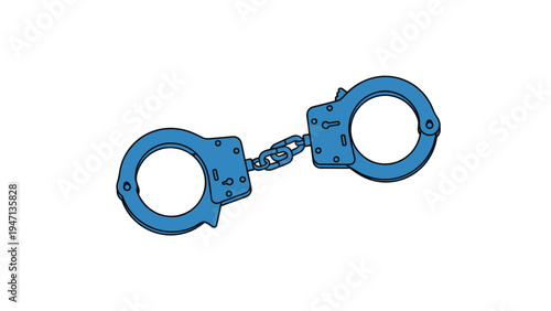 Pair of blue police handcuffs connected by a chain on a white background, symbolizing law enforcement and justice systems.