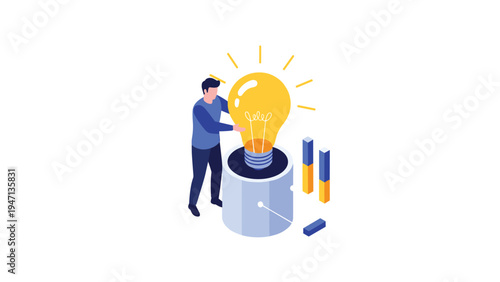 Man placing a giant light bulb into a pedestal to power up a creative idea or innovative project while progress bars show development and success.