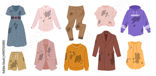 Dirty clothes. Cartoon stained wrinkled clothing, soiled dirty dress, coat and sweater flat vector illustration set. Stained dirty garments isolated on white background