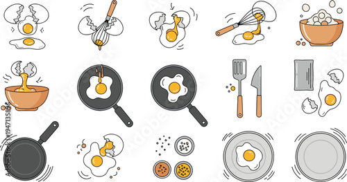 Egg cooking process set with cracked eggs whisk bowl frying pan utensils and seasoning steps breakfast preparation kitchen food hand drawn vector illustration