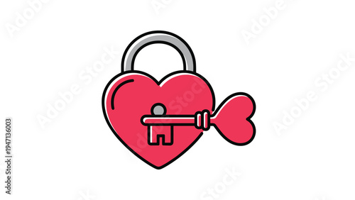Pink heart shaped padlock with a silver shackle and a matching heart shaped key inserted into the lock mechanism.