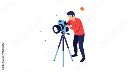 Professional photographer using a professional camera mounted on a tripod to capture high-quality images for a photoshoot or creative media project.