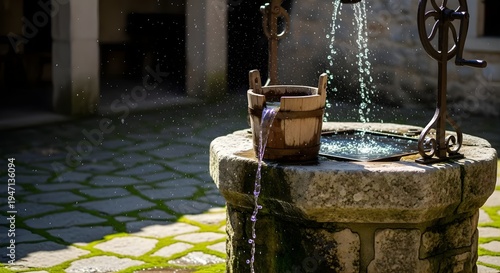 Celebrating World Water Day with a historic stone well in a courtyard on a sunny day with water flowing from a bucket.