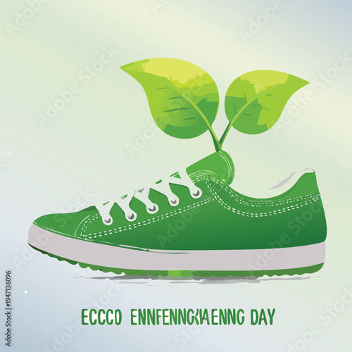 Green shoe with leaves symbol of ecology and environmental awareness