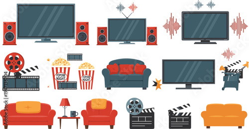 Home cinema and movie watching elements collection with television screens, speakers, popcorn, sofa seating and film clapperboard vector illustration set