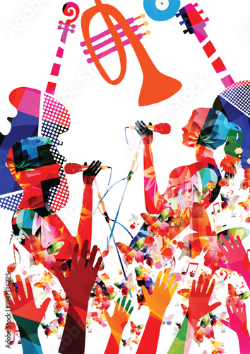 Musical band silhouette featuring a male and female singer with violin, trumpet and guitar instruments on a geometric abstract background