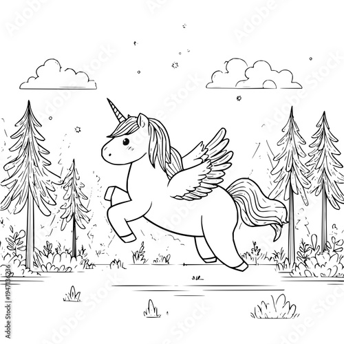 Whimsical winged unicorn a mythical creature with a single horn and feathered wings depicted in a charming line art style leaping joyfully through a fantasy forest setting