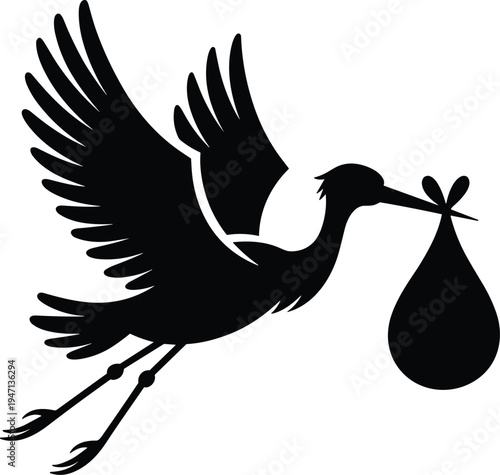 Black Silhouette of a Stork Carrying a Bundle in its Beak Flying on White Background Keywords: stork, bird, flying, carrying