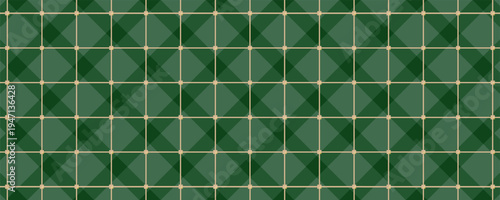 Christmas rhombus seamless pattern. Xmas plaid texture with gold line and stars. Green argyle geometric diamond abstract pattern. Christmas wrapping. Vector illustration isolated on green background.