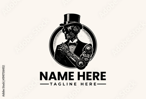 A black and white illustration of a skeleton in a top hat and suit holding a bottle, set against a circular background with a beige backdrop and space for a logo and tagline.