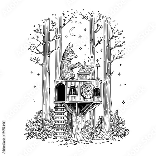 Whimsical anthropomorphic fox character playing a vintage organ inside a rustic treehouse nestled amongst detailed forest trees under a starry night sky with a crescent moon