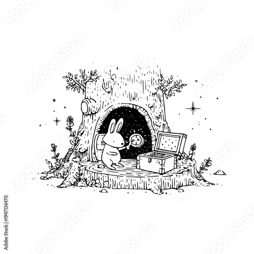 Whimsical black and white illustration of a curious bunny rabbit standing outside a hollow tree stump holding a magnifying glass to examine an open treasure chest filled