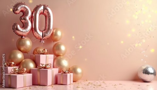 Rose gold balloons and gifts celebrate thirtieth birthday. Pink boxes with gold ribbons and shiny disco ball decorate festive party. Special milestone event with confetti.