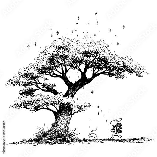 Whimsical black and white illustration of a stylized ancient gnarled tree with a sprawling canopy showered with tiny stars and falling leaves as a small anthropomorphic rabbit