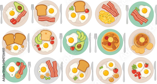 Breakfast plates collection with fried eggs bacon toast avocado pancakes fruits and sausages healthy morning meal food flat vector illustration set