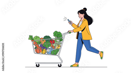 Happy woman pushing a shopping cart full of fresh vegetables while checking her mobile phone for a digital grocery list or online payment options.