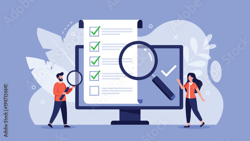 Two analysts using magnifying glasses to review a long checklist on a computer screen for quality control, compliance, or verification tasks.