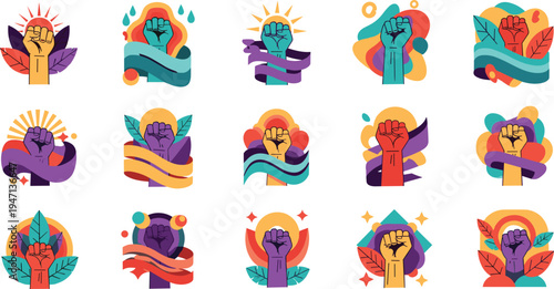 Colorful raised fist activism symbols collection with abstract shapes leaves ribbons and sunburst elements representing protest power unity equality social justice vector illustration set