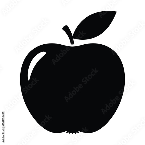 Simple black silhouette of a fresh apple with a leaf and stem