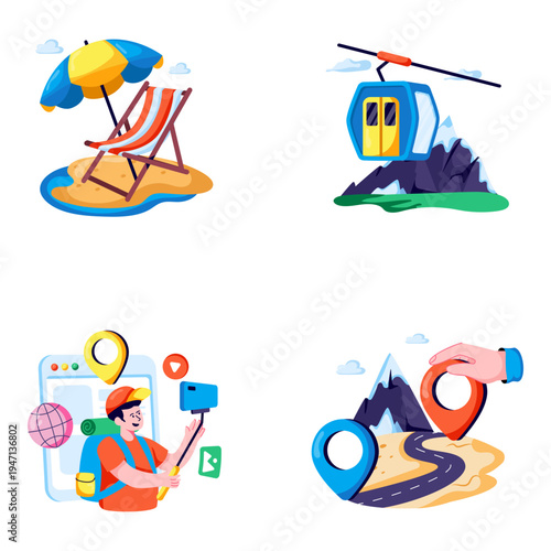 Set of Holidays and Travel Flat Illustrations