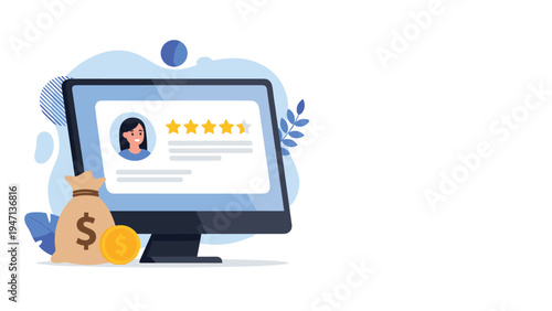 Computer monitor displaying a user profile with a five-star rating next to a bag of money and gold coins representing a high-value customer or ROI.