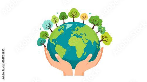 Trees Hugging Earth Globe Environmental Conservation Concept Flat Vector Illustration Set
