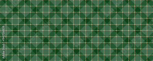 Christmas rhombus seamless pattern. Xmas plaid texture with gold line and stars. Green argyle geometric diamond abstract pattern. Christmas wrapping. Vector illustration isolated on green background.