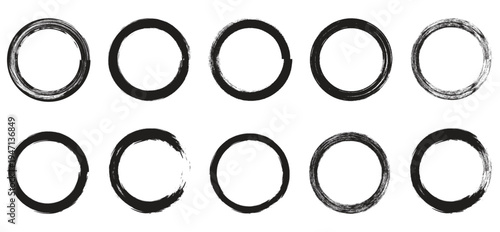 Set of black brush circle. Grunge circles brush set. Black circle frames. Round line of black paint.  