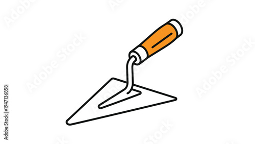 Masonry trowel with a sharp triangular metal blade and a bright orange handle for construction and bricklaying tasks.