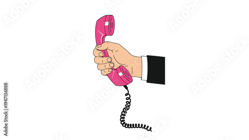 Person in a black suit holding a bright pink vintage telephone receiver with a coiled black cord on white background.