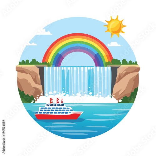 Colorful illustration of a rainbow waterfall and cruise ship on a sunny day