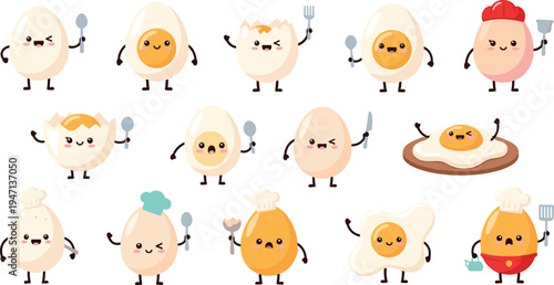 Cute cartoon egg characters collection with cracked shell fried egg toast and chef eggs holding spoon adorable breakfast food mascot vector illustration set