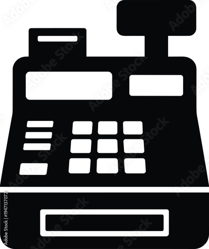 Black silhouette of a vintage cash register with keypad and display retro electronic