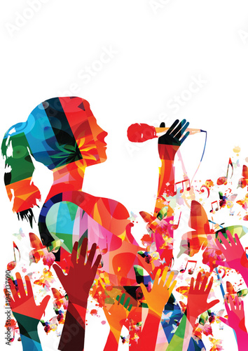 Colorful silhouette of a female singer performing for an excited audience with raised hands and butterflies on white background