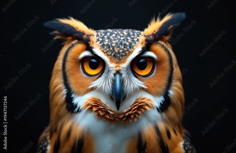 Obraz premium Close-up portrait of Great Horned owl showing sharp orange eyes, detailed feathers. Wild bird of prey stares intently with piercing gaze against stark black background, conveying wisdom, vigilance.