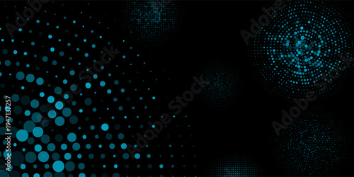 Abstract blue glowing dots forming spiral and wave patterns on a black background, futuristic digital particle design.