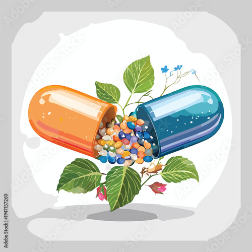 Medical capsule with colorful pills and leaves illustration vector design