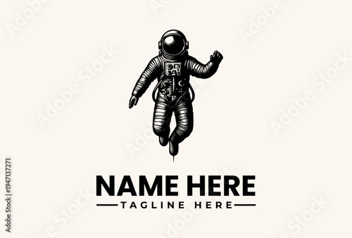 Black and white illustration of an astronaut floating above a logo template with placeholder text on a beige background.