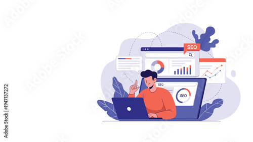Digital marketing expert working on a laptop to optimize website SEO, analyze data graphs, and improve search engine rankings for a business project.