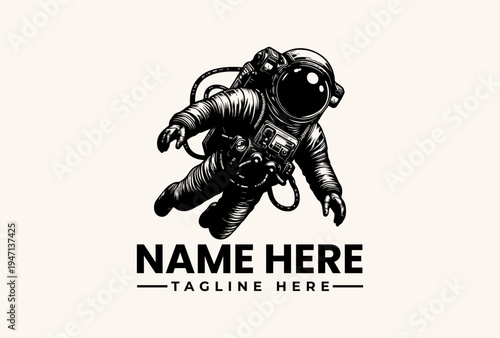 Black and white illustration of an astronaut floating in space with a bold logo and tagline on a clean background.