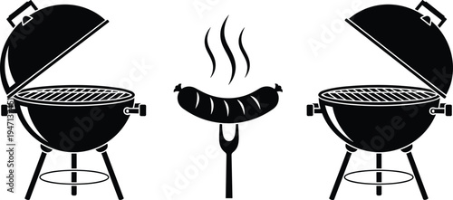 Barbecue grill set featuring black silhouette of kettle grills and hot sausage on a fork for summer cookout party food menu.