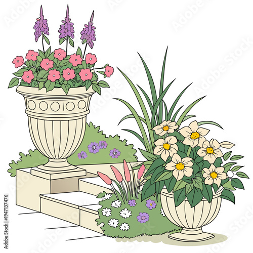 Colorful flowers in planters on garden steps pink