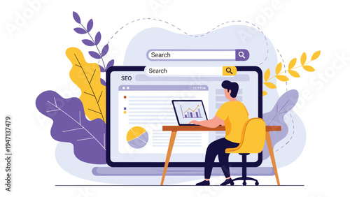 Web developer sitting at a desk and working on search engine optimization and data analysis using a large monitor and various browser windows.