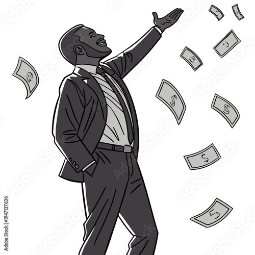 Black businessman throwing money black man suit dollars