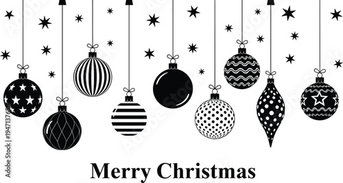 Black and white Christmas baubles ornaments hanging with stars and Merry Christmas text greeting card vector illustration for holiday season decoration.